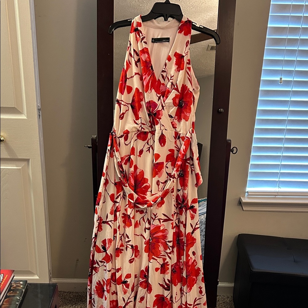 Chetta B Cream Maxi Dress with Red Floral Print